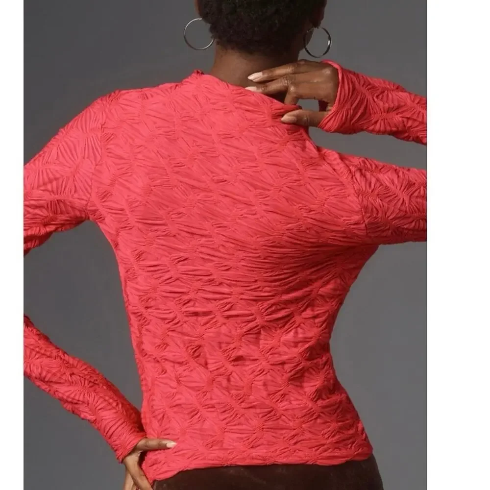 Anthropologie Textured Long Sleeve Top XL Pink Mock Neck